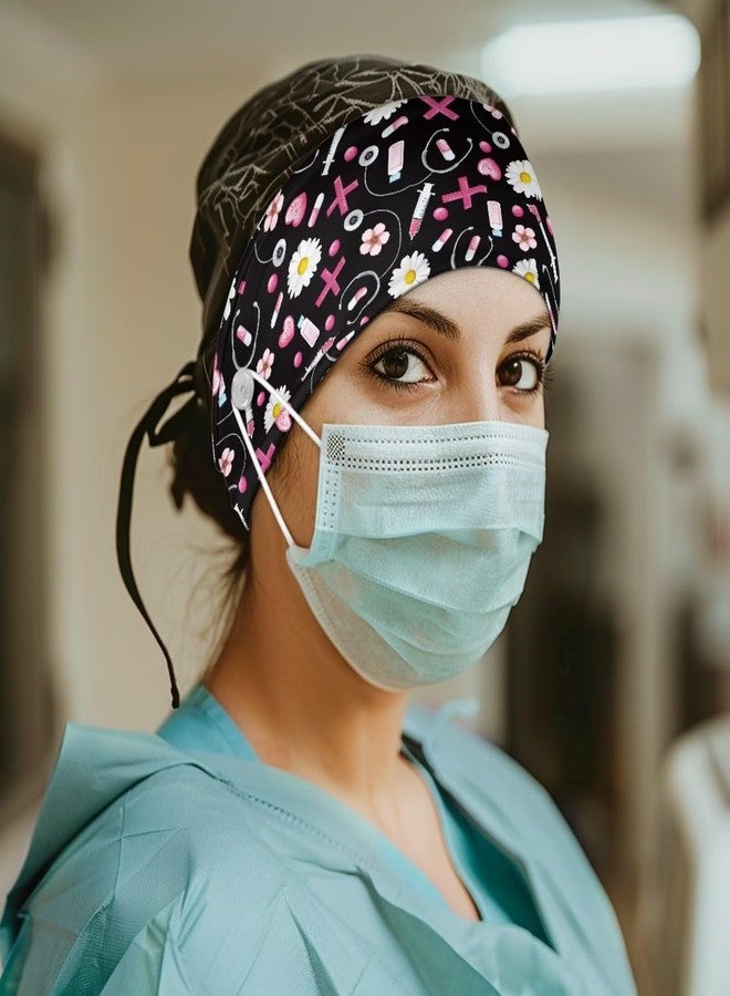 Babrukda Headband with Buttons for Mask Daisy Floral Black Turban Headwrap Nurse Doctors Dentists Sweatband Women Men Face Cover Holder Elastic Hair Accessories Hairbands for Working - Image 2